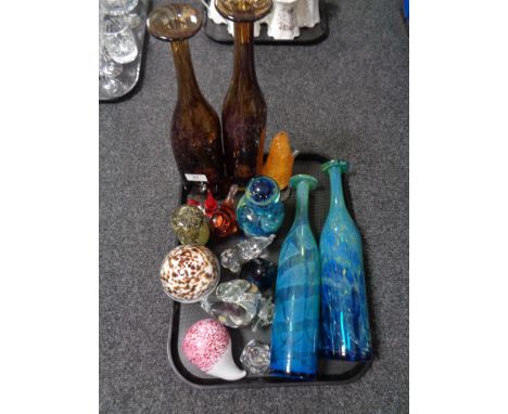 A collection of coloured glass, Mdina glass, Wedgwood, Waterford elephant, paperweights etc  CONDITION REPORT: Two brown glas