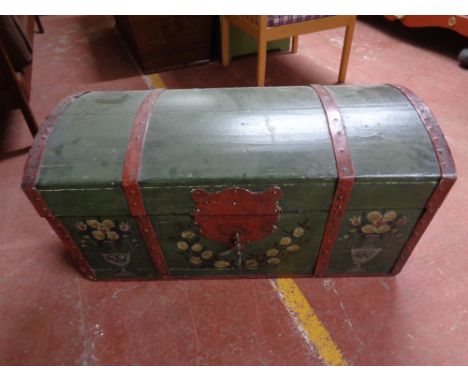 A nineteenth century iron bound trunk with key  CONDITION REPORT: 50 cm x 95 cm x 46 cm.