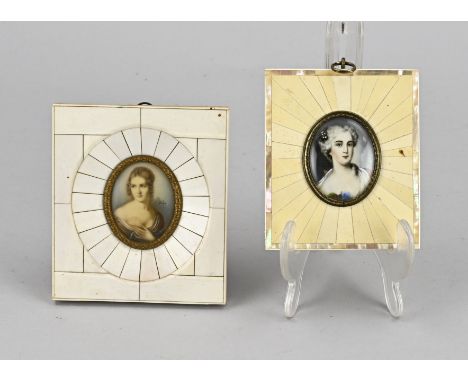 Two antique Biedermeier miniature portraits in mother-of-pearl frame. 2x Ladies portrait. Both are (unclearly) signed. Dimens