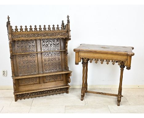 Oak carved neo-gothic wall shelf with tendrils + side table/game table. Light veneer damage. 19th century. Dimensions: 120 x 