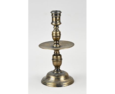 17th - 18th Century bronze disc candlestick with monogram KO Dimensions: H 26 cm. In good condition.