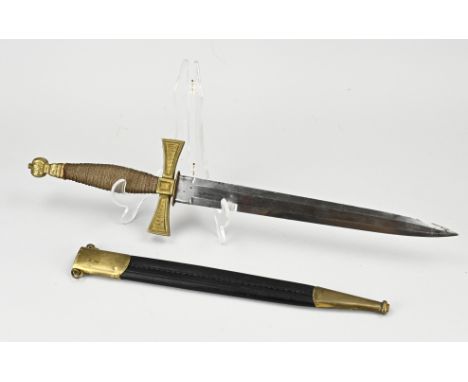 Antique Dutch dagger by S. de Jager - Haarlem. With bronze handle + leather sheath. Dimensions: L 49.5 cm. In good condition.