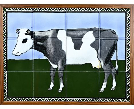 Antique Dutch 15-pass tile tableau with cow. One tile with crack. Circa 1900. Dimensions: H 45 x W 62 cm. In reasonable/good 
