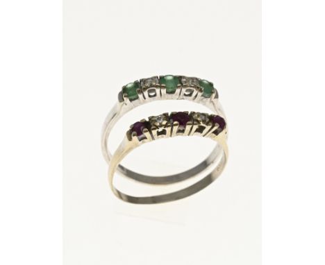 Two white gold rings, 585/000, with diamond emerald and ruby. Ring with a row of 3 faceted rubies and 2 brilliant cut diamond