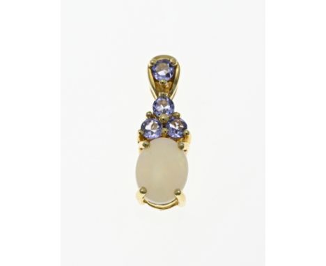 Yellow gold pendant, 585/000, with opal and tanzanite. Pendant with an oval cabo-puchon cut white opal and 4 round faceted ta