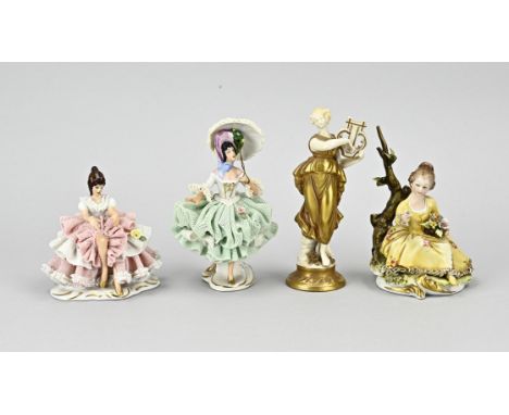 Four old porcelain figures. 2x Naples Italy + 2x Dresden. 1x Lady with pink dress, one finger damaged, Dresden. 1x Lady with 