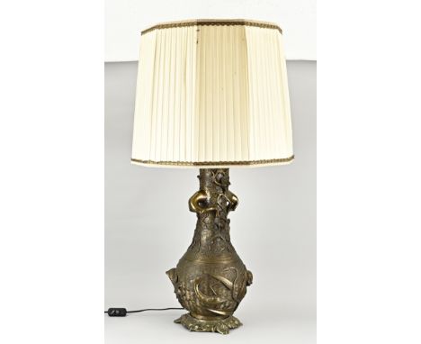 Antique Japanese bronze lamp base with fish/birds/blossom decoration. Dimensions: H 88 cm. In good condition.