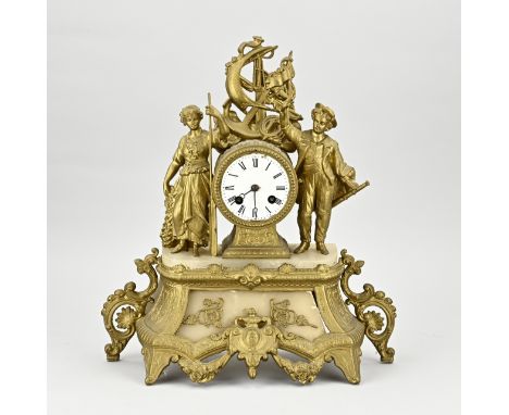 Antique Louise Philippe mantel clock of composition metal and alabaster. France. Circa 1860. Eight-day movement, half-hourly 