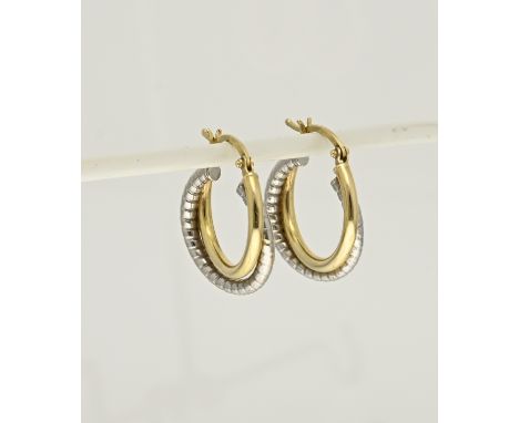 Gold hoop earrings, 585/000, double rings, one yellow gold and one worked white gold ring. Fitted with a hinged plug. ø tube 