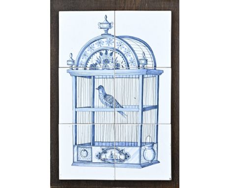 6-Pas tile tableau, painted blue with birdcage and bird. 20th century. Dimensions: 30 x 44 cm. In good condition.