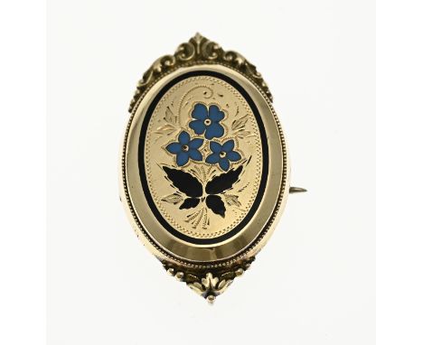 Yellow gold with silver shield brooch, cartouche shape decorated with engraving and blue and black enamel. 3.7x2.2 cm. approx