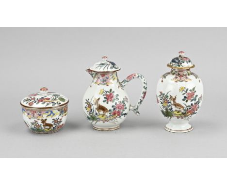 Three piece Chinese porcelain famille rose set. Consisting of; Jug, tea caddy and sugar box. Floral/fruit/deer decor. Size: 8