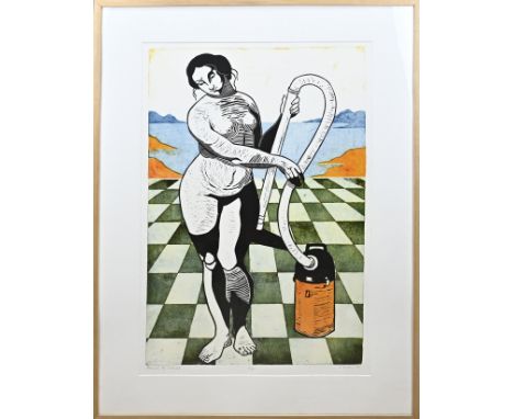 Elisabeth Kopec 95. 1960 - . No. 1/20. Nude woman with vacuum cleaner. Femme de ménage. Lithograph on paper. Dimensions: H 88