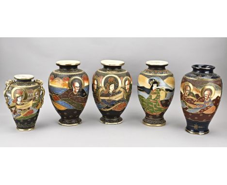 Lot with five Japanese Satsuma vases. One pair of vases with portrait decoration, dimensions: H 30 x Ø 20 cm. And three separ