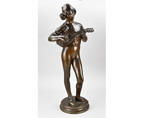 Very large bronze figure by Paul Dubois 1829 - 1905 and Ferdinand Barbedienne, with casting stamp. Florentine mandolin player