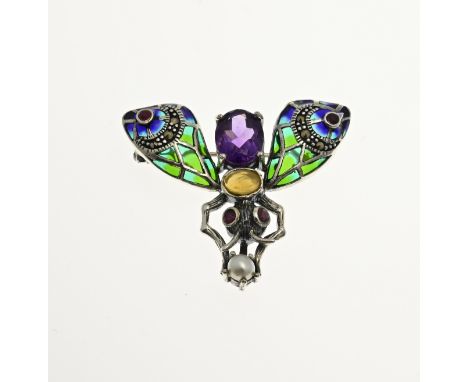 Silver brooch, 925/000, in the shape of a fly, decorated with marcasite, enamel, pearl, amethyst and ruby. 40x35 mm. approx. 
