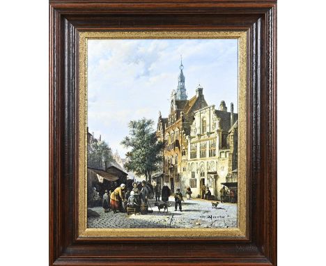 Gerrit Meester. 1935 - . Dutch cityscape with figures. Oil on canvas. Dimensions: H 41 x W 32 cm. In good condition.