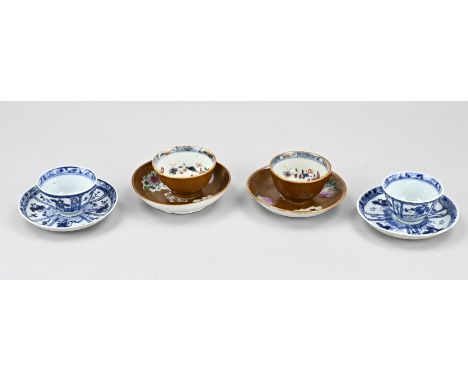 Four 18th century Chinese porcelain cups + saucers. 2x Zotjes decor. 2x Capuchijne floral. One cup glued. One saucer glued. R