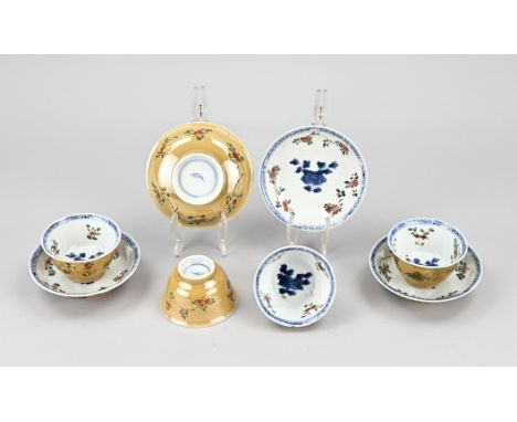 Four 18th century Chinese porcelain cup + saucers with floral Imari + chamois glaze. Marked Kang Xi. One cup glued, three cup