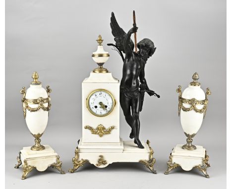 Antique white Carrara marble mantel clock set. France. Circa 1900. With Amor, composition metal + bronze. Weekly runner, half