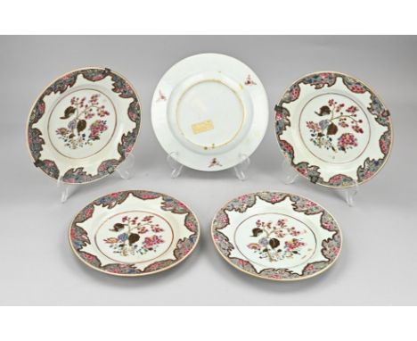 Five 18th century Chinese porcelain Cheng Lung plates with floral enamel decoration. Three plates good. Two plates glued. Dim