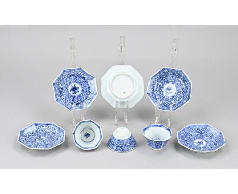 Lot 18th century Chinese porcelain cup + saucers. Octagonal. 3x cup, one cup chip + hairline. 5x Saucer, three good, two with