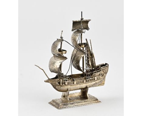 Silver miniature, 835/000, in the form of a sailing ship with crow's nest and sails placed on a stand. approx. 92 grams. 10x4
