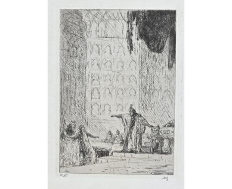 Marius Bauer. 1867 - 1932. No. 97. Sultan with figures in temple. Etching on paper. Dimensions: H 17.5 x W 12.5 cm. In good c