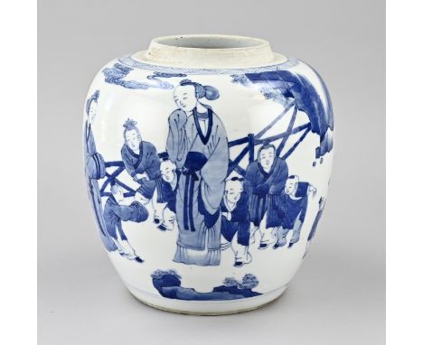 Antique Chinese porcelain ginger jar with geishas and fools in garden decor. With double blue bottom ring. Dimensions: H 22 c