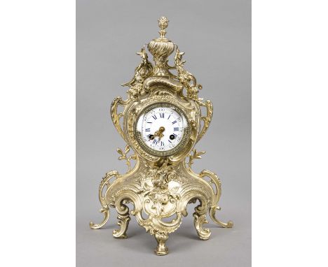 Antique French brass mantel clock. Roccoco style. Later painted in gold colour. Circa 1880. Eight-day movement, half-hourly s