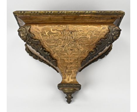 19th century walnut clock console with intarsia and bronze decoration. Light worm damage. Light veneer damage. Dimensions: 28
