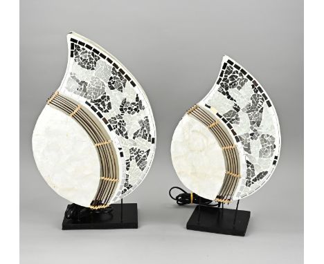 2x Unica table lamp, made of fabric, mother of pearl and iron. Second half 20th century. Size: 48 cm. In good condition.