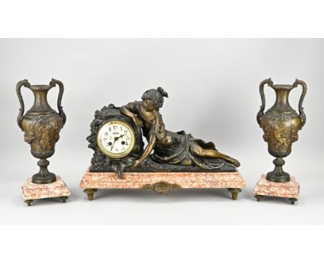 Three-part antique French clock set with marble base + bronze-coloured composition metal. Eight-day movement, half-hour strik
