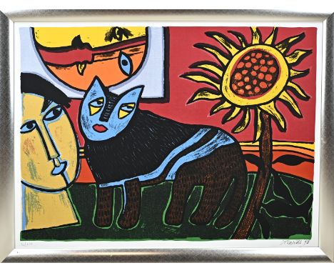 Corneille, 1998. 1922 - 2010. No. 31/32. Texoprint. Woman with cat and sunflower. Lithograph on textile. Dimensions: H 90 x W