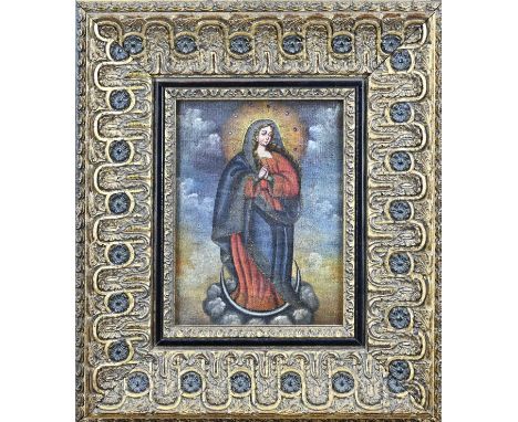 Unsigned. 20th Century. Holy Madonna. Oil on linen. Dimensions: H 23 x W 17 cm. In good condition.