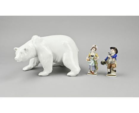 Three porcelain figures. Germany. 20th century. Polar bear by KPM + two Sitzendorf figures. Size: 11.3 - 24 cm. In good condi