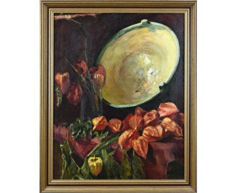 JCG Rabijn Jr. 1939. Flower still life with earthenware bowl. (Lantern flower). Oil on linen. Dimensions: H 50 x W 46 cm. In 
