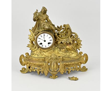 Antique French composition metal mantel clock. Circa 1870. Damaged. Size: 35 cm. In moderate condition.