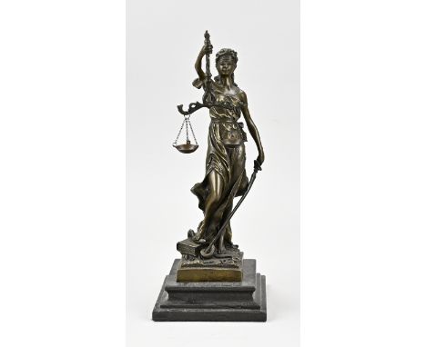 Bronze Lady Justice with scales and sword, standing on black marble base. Dimensions: 34 x 13 x 13 cm. In good condition.