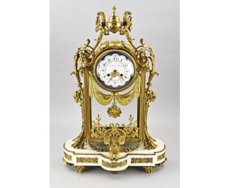 Extraordinary large French white Carrara marble glass mantel clock with gilded bronze fittings + decorations. Including; goat