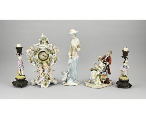 5x Various old/antique porcelain. Consisting of; clock (damaged), 2x 19th century candlestick (one arm missing), Naples figur