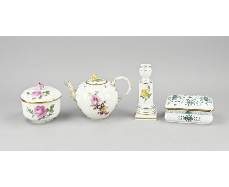 Four pieces German Meissen porcelain. 20th century. 1x Lidded box, good. 1x Sugar bowl, good. 1x Candlestick, good. 1x Teapot