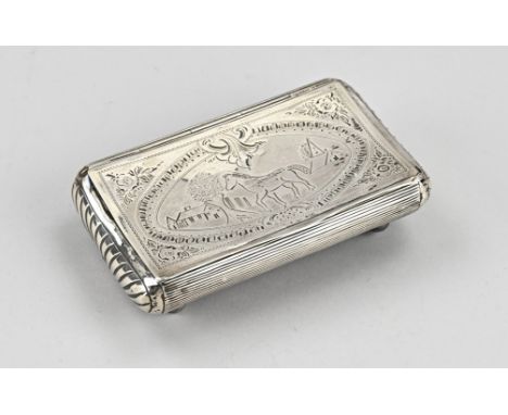 Silver tobacco box, 833/000, hip model with 4 ball feet. Provided with rib decoration with a lid with engraving of a horse an