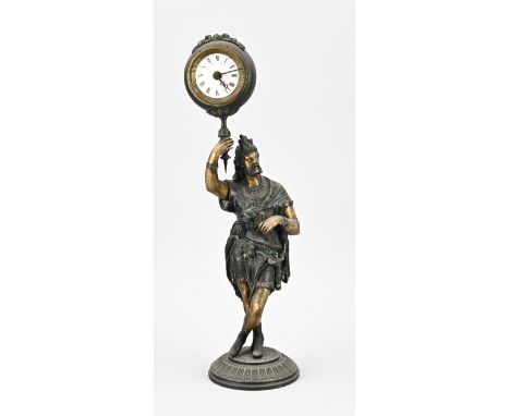 Antique composition metal French alarm clock with original polychromy. Circa 1900. Dimensions: H 46 cm. In good condition.