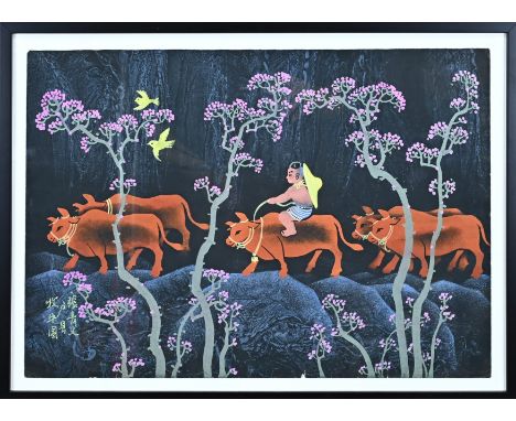Signed Chinese lithograph. Youth with water buffalos on country road. Lithograph on paper. Dimensions: H 39.5 x W 59 cm. In g
