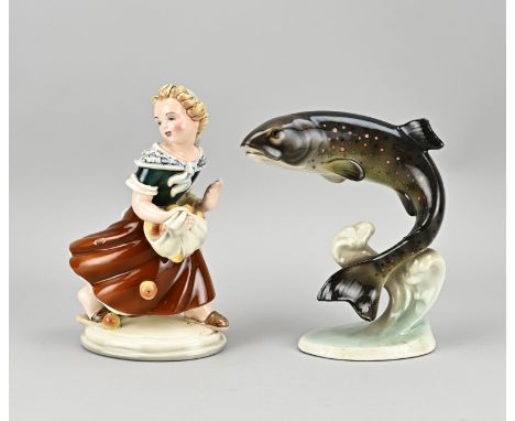 Two antique Viennese ceramic figures. Circa 1900 - 1920. Girl with apples (Wien Keramos). Trout (Wien Keramos). Size: 20 - 22