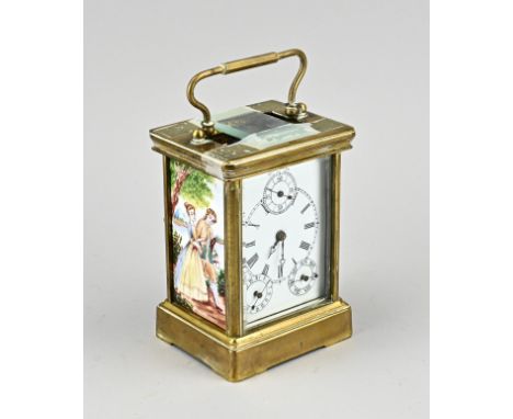 Old brass travel clock, with enamel plaques, calendar and seconds display. 20th century. After antique example. Dimensions: 1