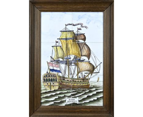 6-Pas tile tableau in oak frame. Polychrome. Painted with three-master ship 'de Hoop'. 20th century. Dimensions: 47 x 34 cm. 
