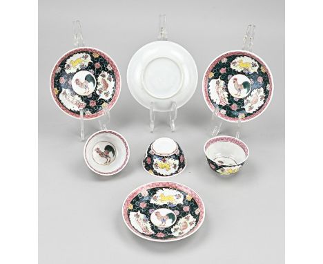 Three antique Chinese porcelain Familie Noir cups + saucers. Animal decor. One cup glued, rest good. Size: 7.2 - 11.5 cm.