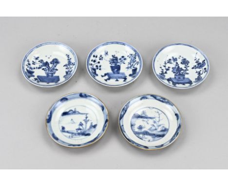 Five 18th century Chinese porcelain dishes with flower pot on table/landscape decoration. With blue base ring. Rim frit. Dime